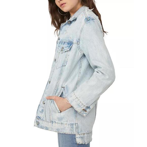 065 Free People We The Free Destroyed Long & Lean Denim Jacket (Small, EUC) - Picture 2 of 6